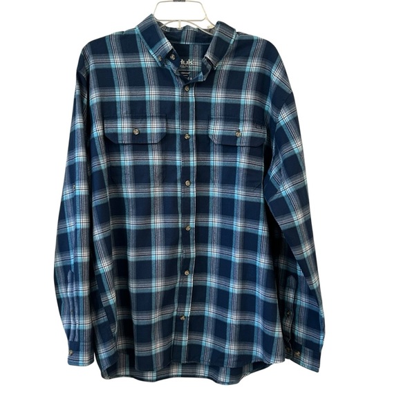 Huk Navy, Light Blue and White Plaid Men's Long Sleeve Button Down Fishing Shirt - Picture 1 of 7